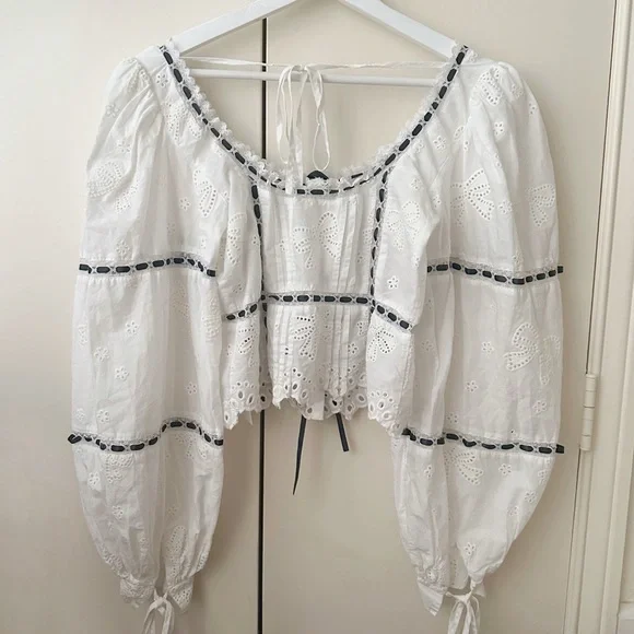 For Love And Lemons Rowan White Eyelet Peasant Blouse with Black Trim - Picture 5 of 5
